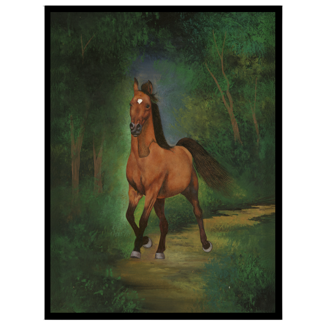 This captivating art print features a regal horse as it strides gracefully through a lush green for hallway