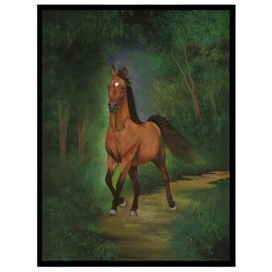 This captivating art print features a regal horse as it strides gracefully through a lush green for hallway