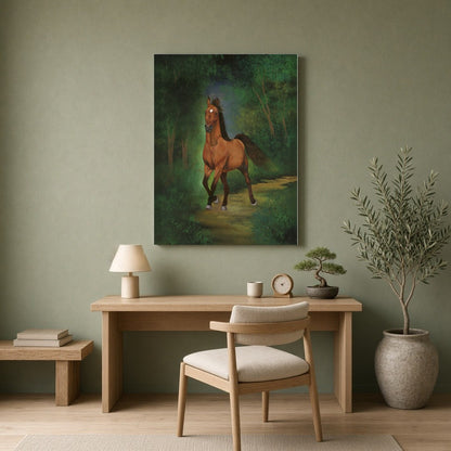 This captivating art print features a regal horse as it strides gracefully through a lush green for Home Office