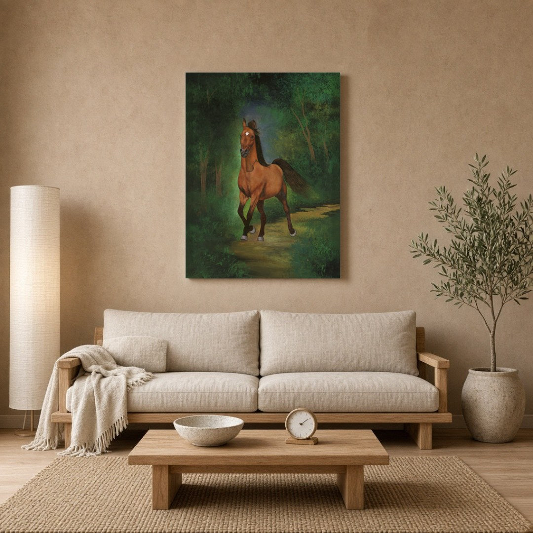 This captivating art print features a regal horse as it strides gracefully through a lush green for Living Room