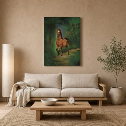 This captivating art print features a regal horse as it strides gracefully through a lush green for Living Room