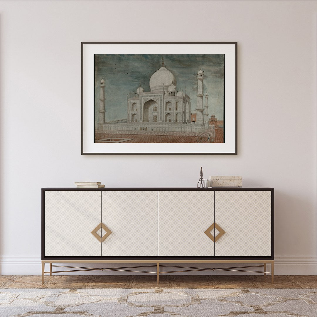 Capture the timeless beauty of the Taj Mahal with this exquisite artwork. The detailed rendering for Foyer