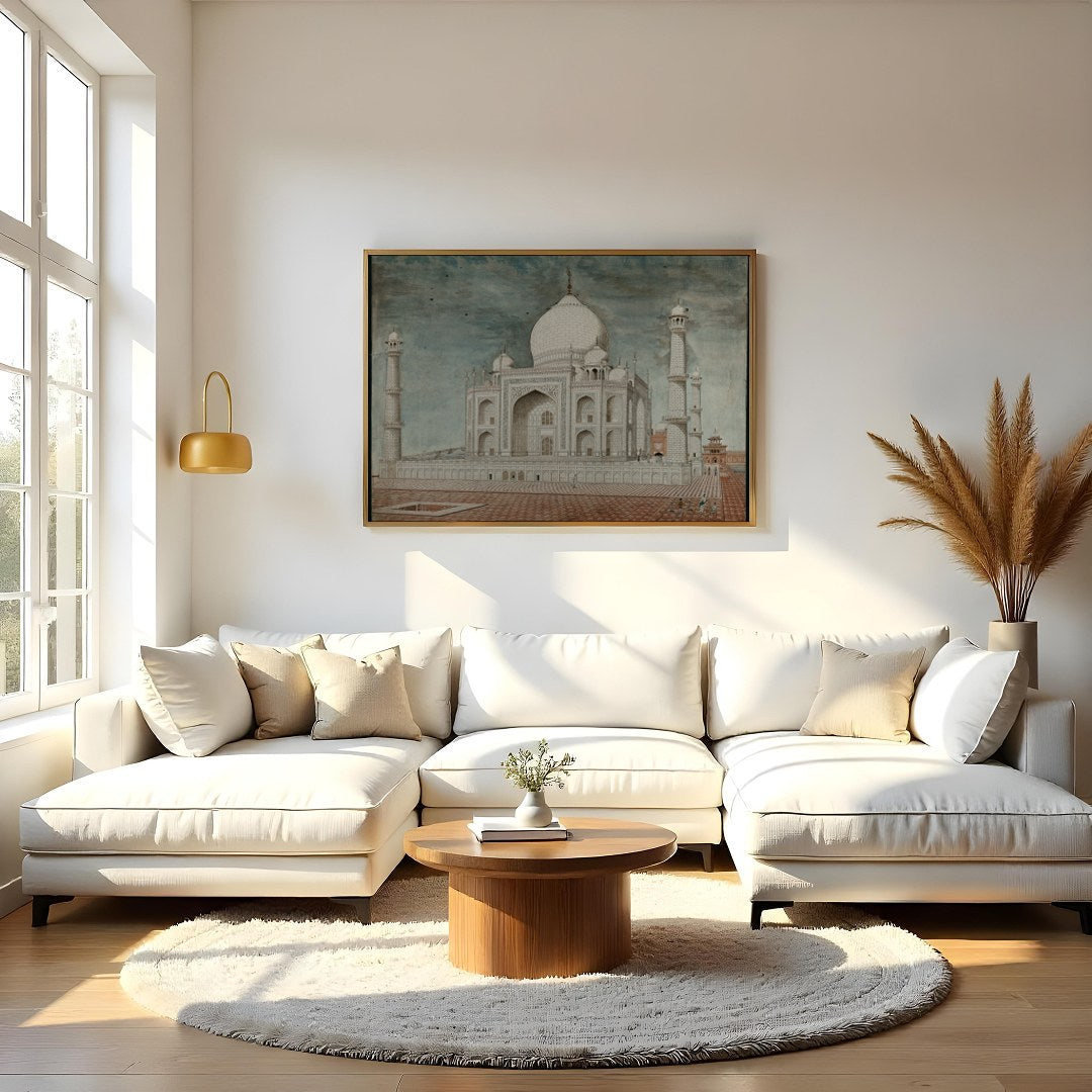 Capture the timeless beauty of the Taj Mahal with this exquisite artwork. The detailed rendering for Living Room