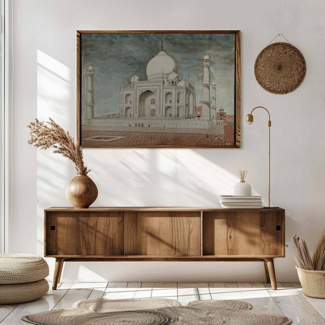 Capture the timeless beauty of the Taj Mahal with this exquisite artwork. The detailed rendering for Sitting Area