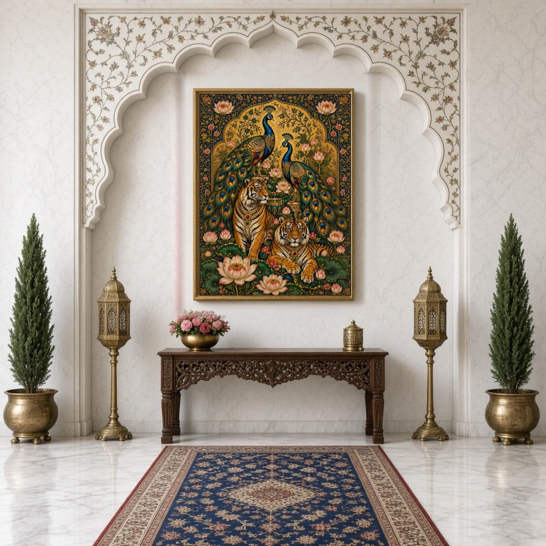Immerse yourself in the opulence of Indian Miniature Art with this captivating portrayal of for Hallway