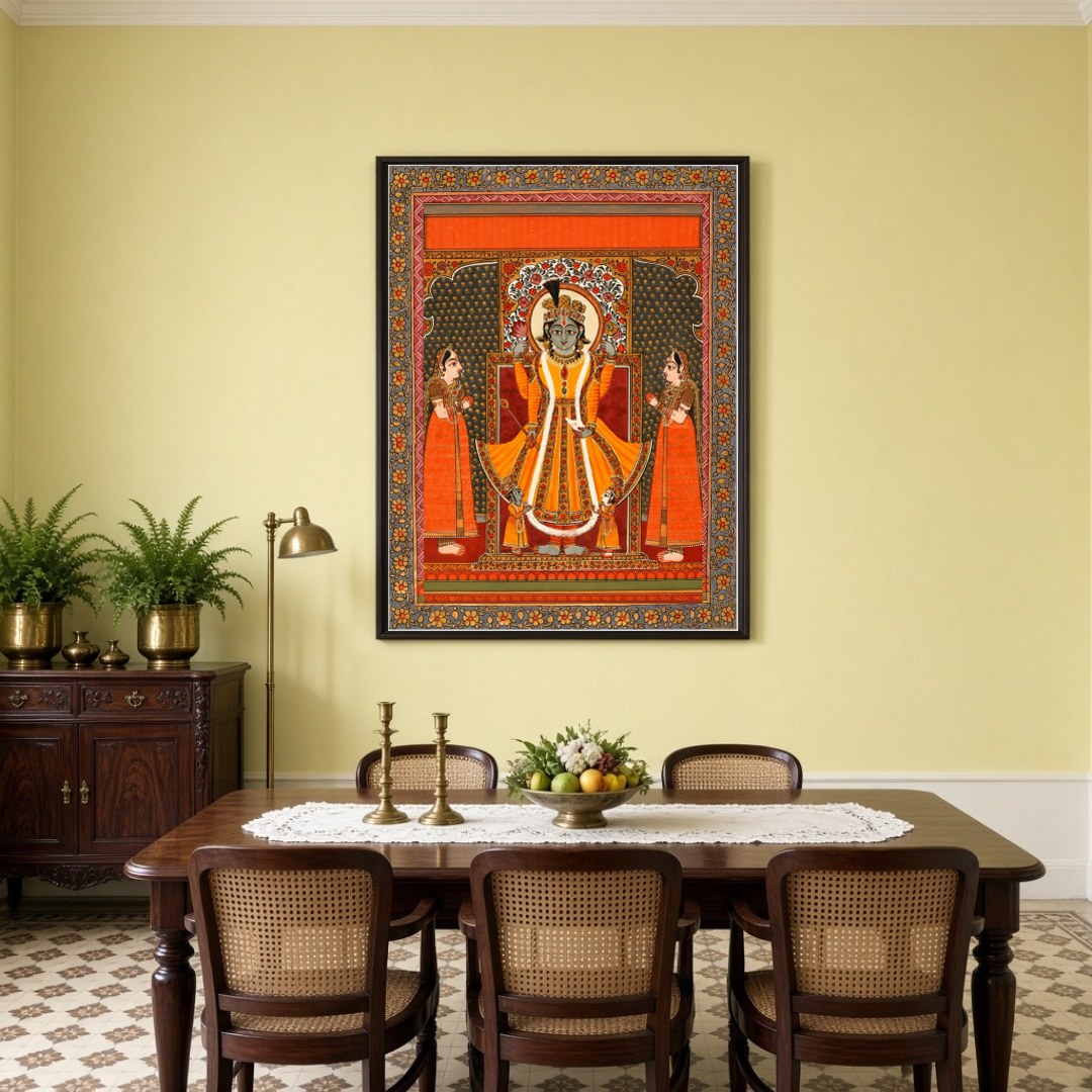 Immerse yourself in the divine aura with this exquisite Pattachitra artwork featuring Lord Vishnu for Dining