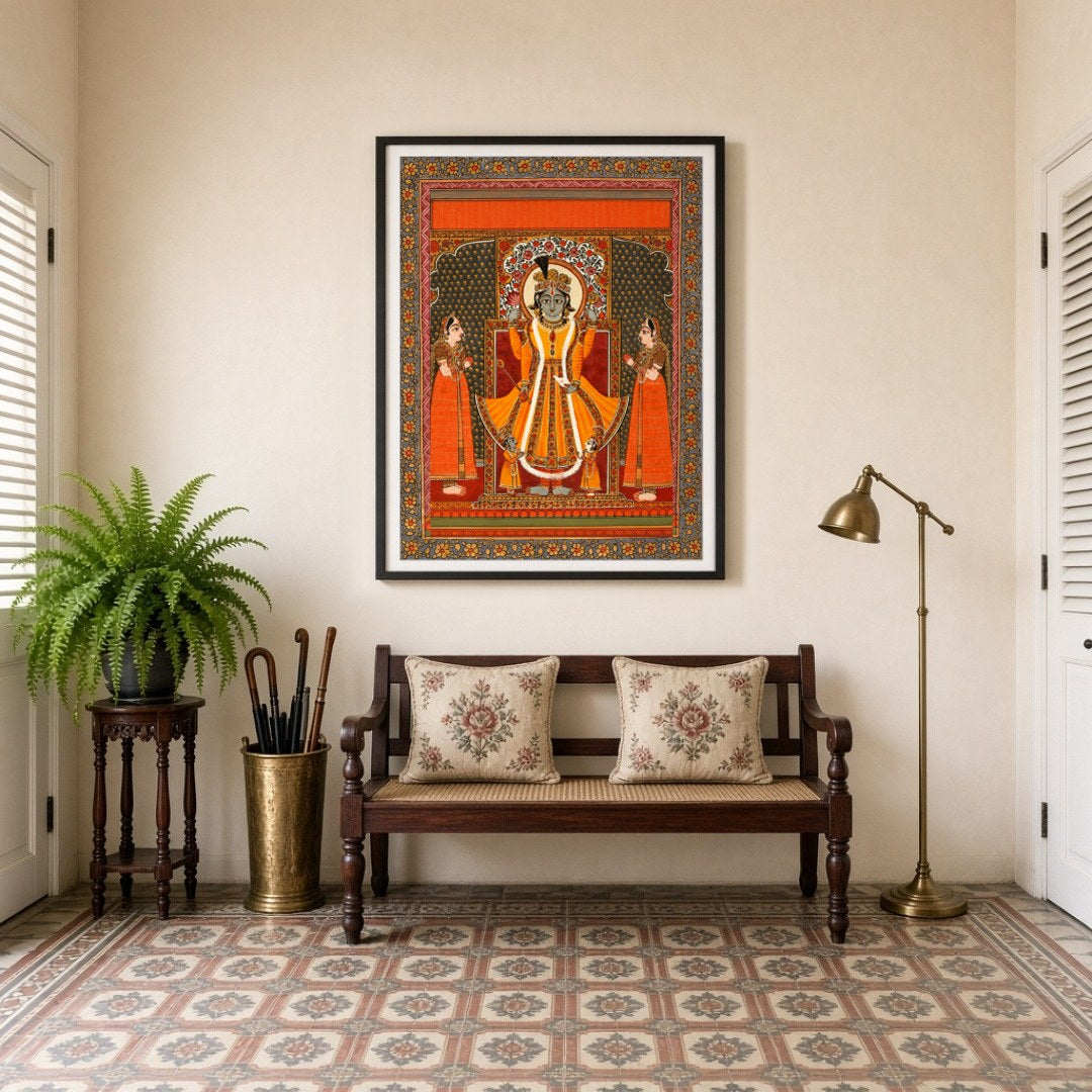 Immerse yourself in the divine aura with this exquisite Pattachitra artwork featuring Lord Vishnu for Entrance