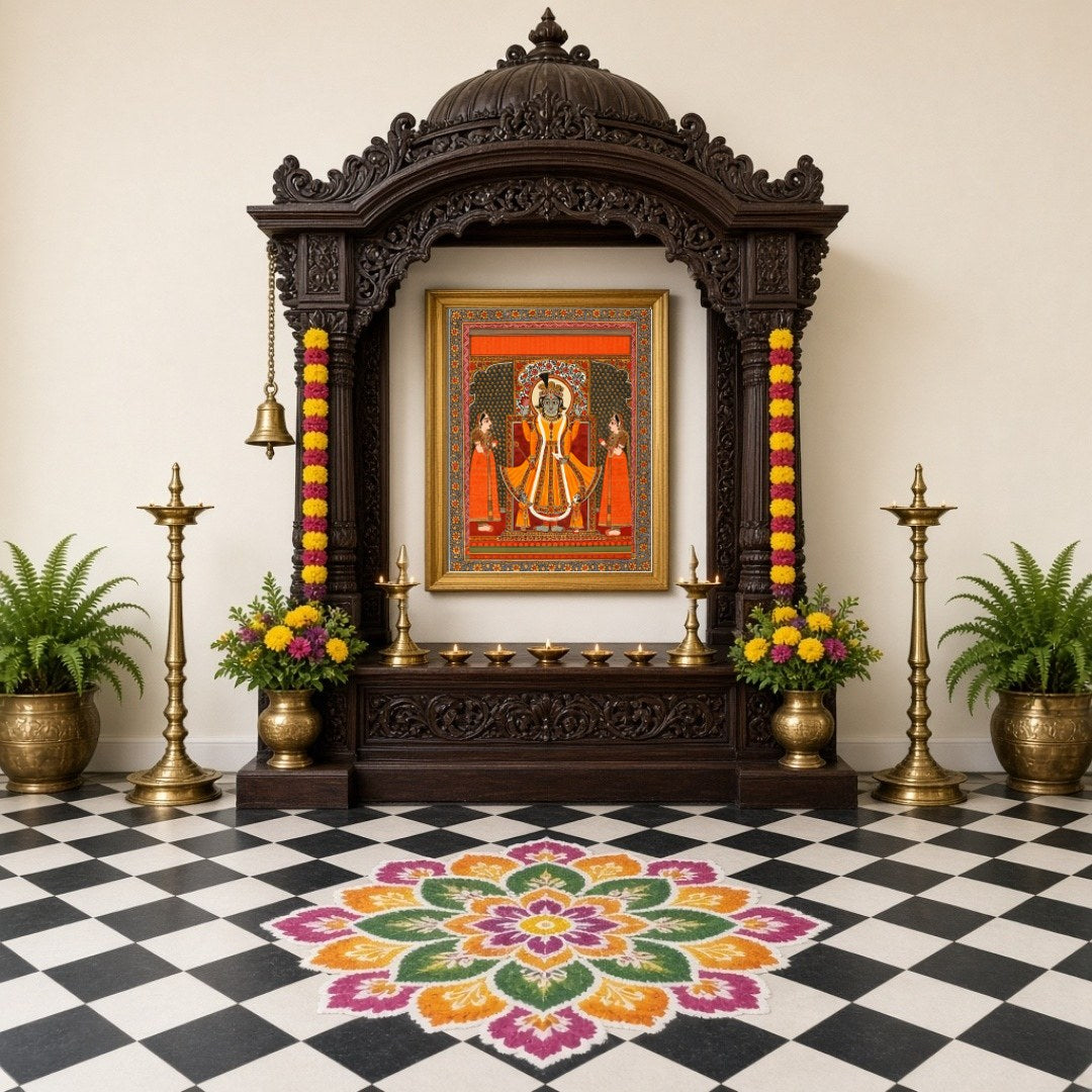 Immerse yourself in the divine aura with this exquisite Pattachitra artwork featuring Lord Vishnu for Home Temple