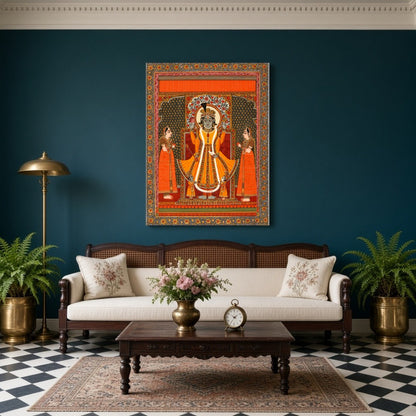 Immerse yourself in the divine aura with this exquisite Pattachitra artwork featuring Lord Vishnu for Living Room