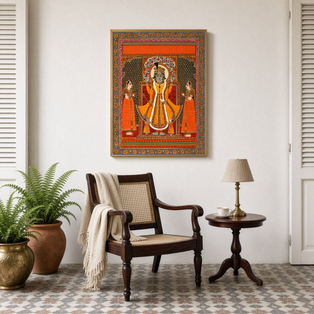 Immerse yourself in the divine aura with this exquisite Pattachitra artwork featuring Lord Vishnu for Sitting Lounge