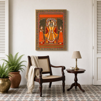 Immerse yourself in the divine aura with this exquisite Pattachitra artwork featuring Lord Vishnu for Sitting Lounge