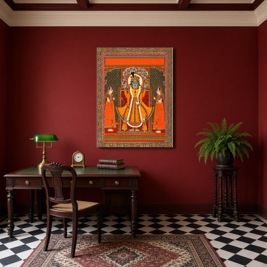 Immerse yourself in the divine aura with this exquisite Pattachitra artwork featuring Lord Vishnu for Study