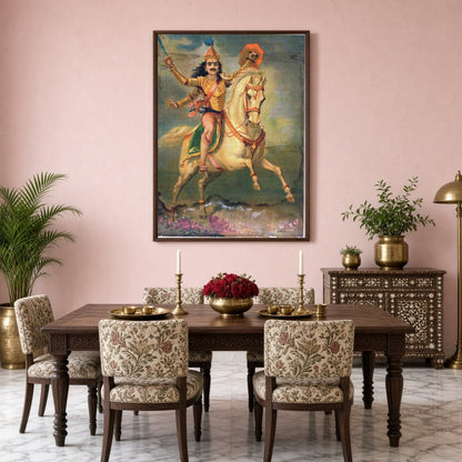 Embrace the gallant spirit of a warrior on a regal white horse in this captivating print by Raja for Dining