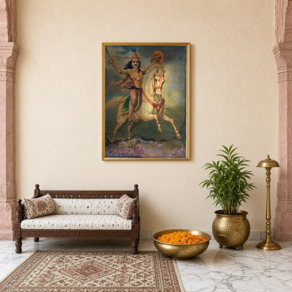 Embrace the gallant spirit of a warrior on a regal white horse in this captivating print by Raja for Entrance