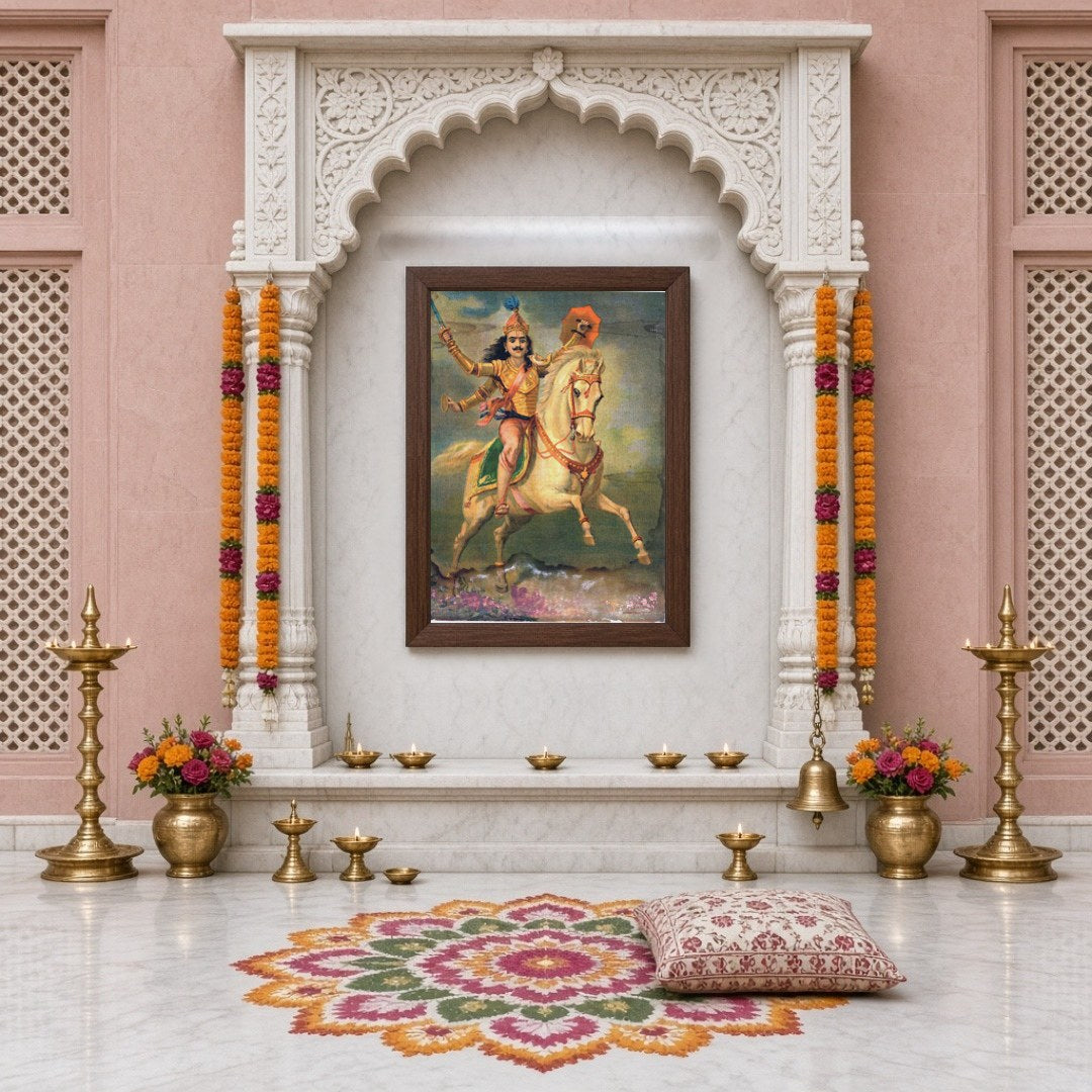 Embrace the gallant spirit of a warrior on a regal white horse in this captivating print by Raja for Home Temple