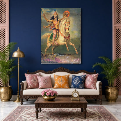 Embrace the gallant spirit of a warrior on a regal white horse in this captivating print by Raja for Living Room