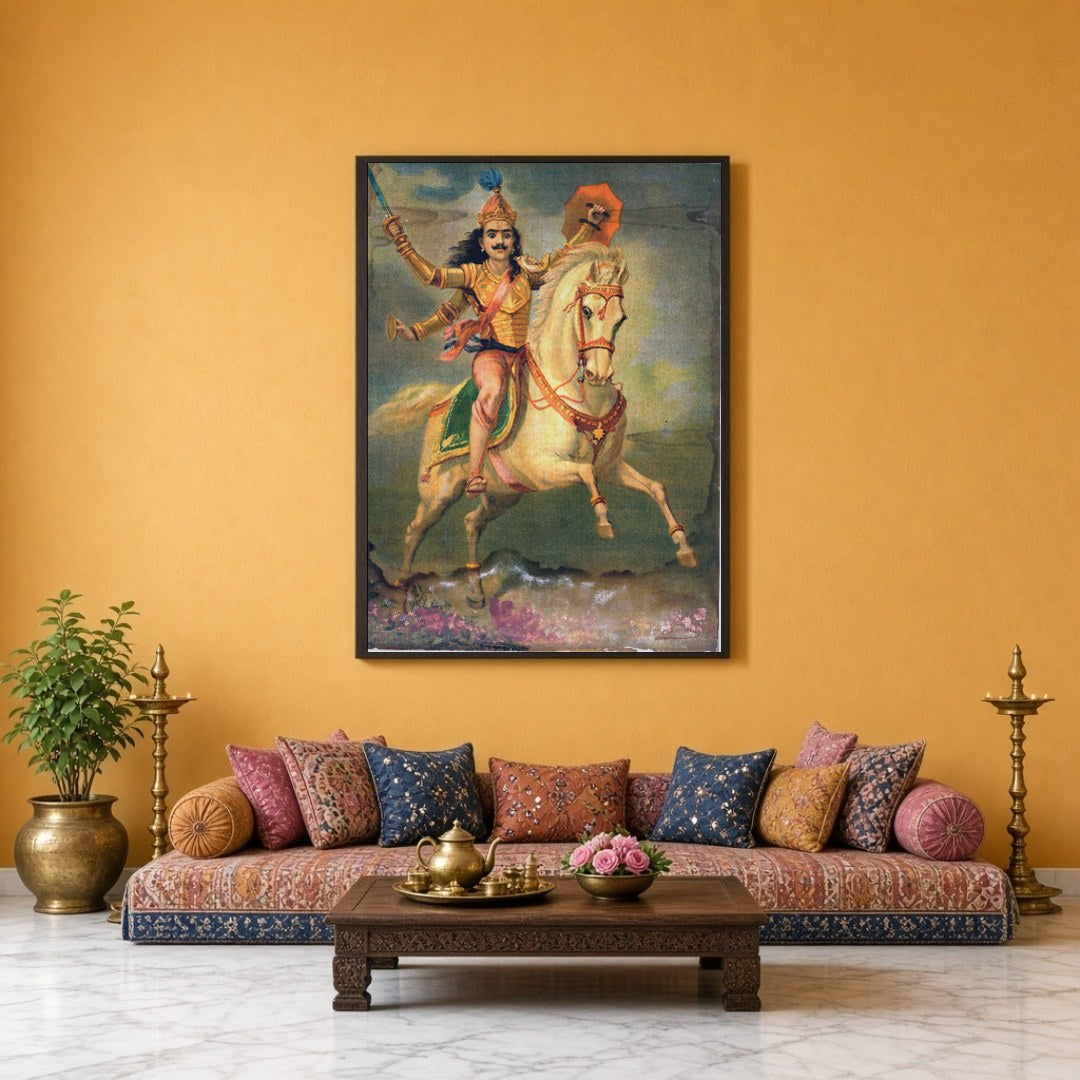 Embrace the gallant spirit of a warrior on a regal white horse in this captivating print by Raja for Sitting Lounge