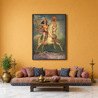 Embrace the gallant spirit of a warrior on a regal white horse in this captivating print by Raja for Sitting Lounge
