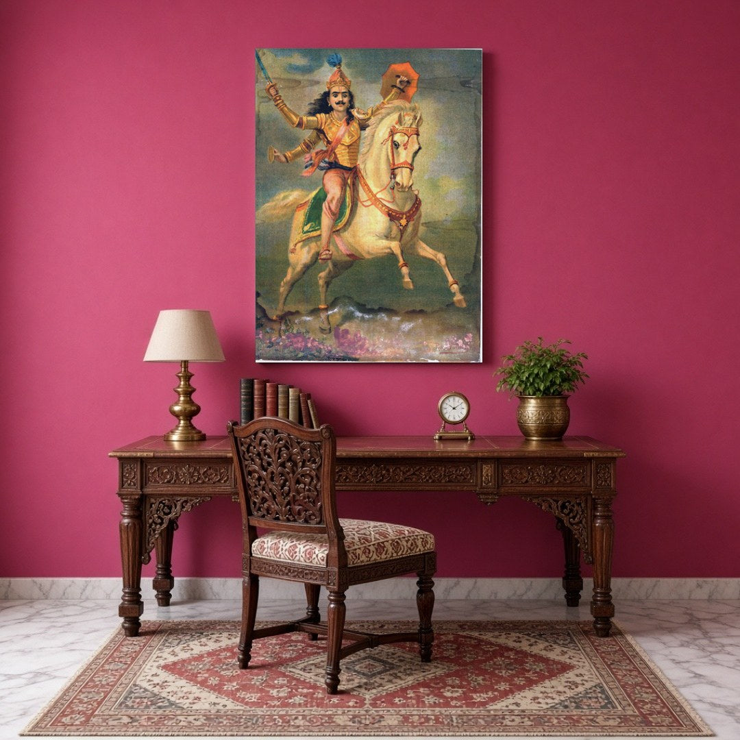 Embrace the gallant spirit of a warrior on a regal white horse in this captivating print by Raja for Study
