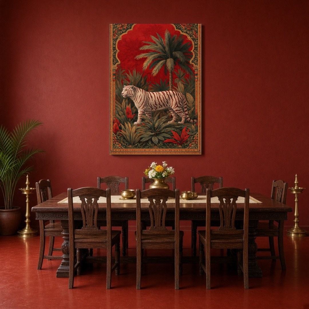 This captivating artwork features a magnificent white tiger poised majestically amidst lush jungle for Dining