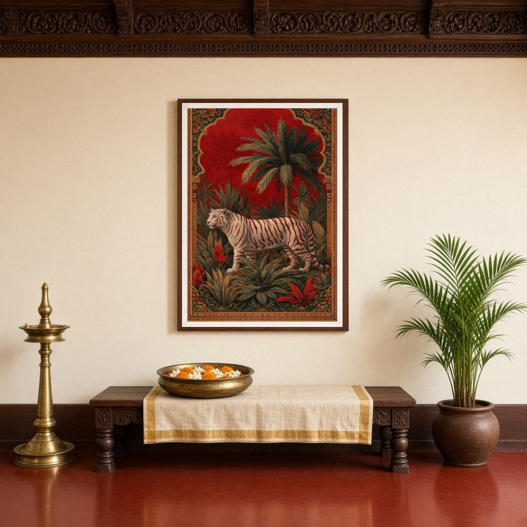 This captivating artwork features a magnificent white tiger poised majestically amidst lush jungle for Entrance