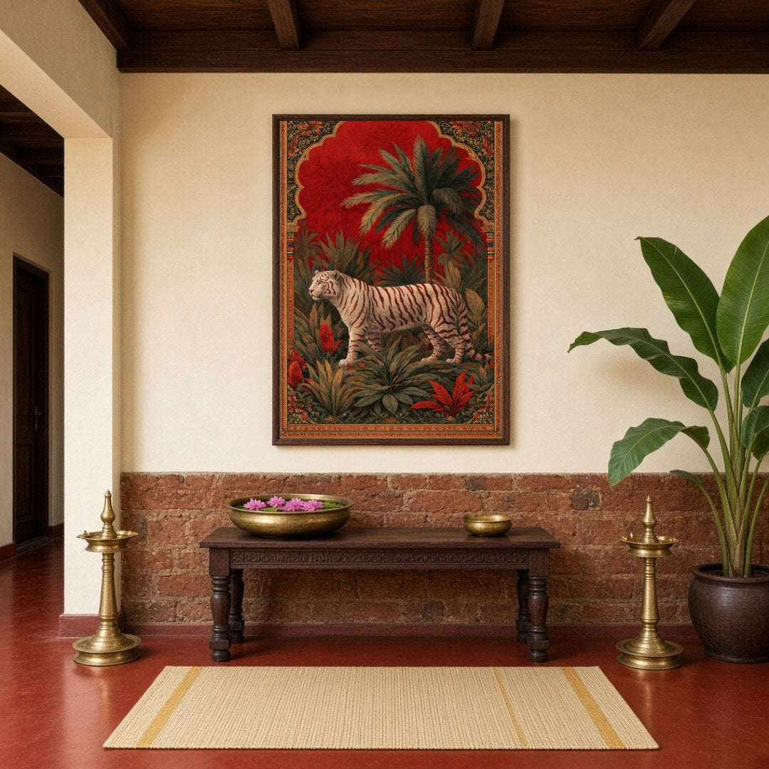 This captivating artwork features a magnificent white tiger poised majestically amidst lush jungle for Hallway