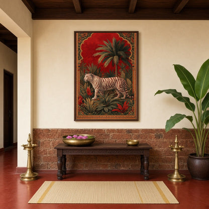 This captivating artwork features a magnificent white tiger poised majestically amidst lush jungle for Hallway