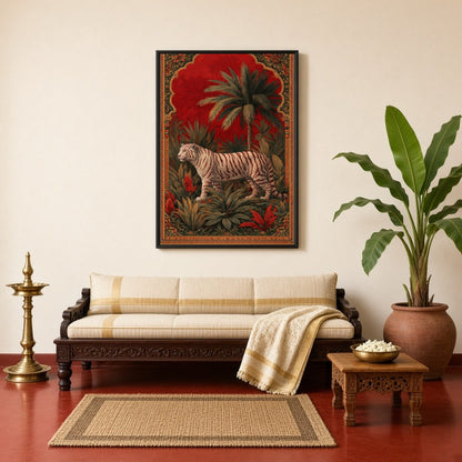This captivating artwork features a magnificent white tiger poised majestically amidst lush jungle for Living Room