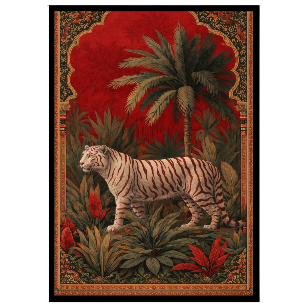 This captivating artwork features a magnificent white tiger poised majestically amidst lush jungle for place