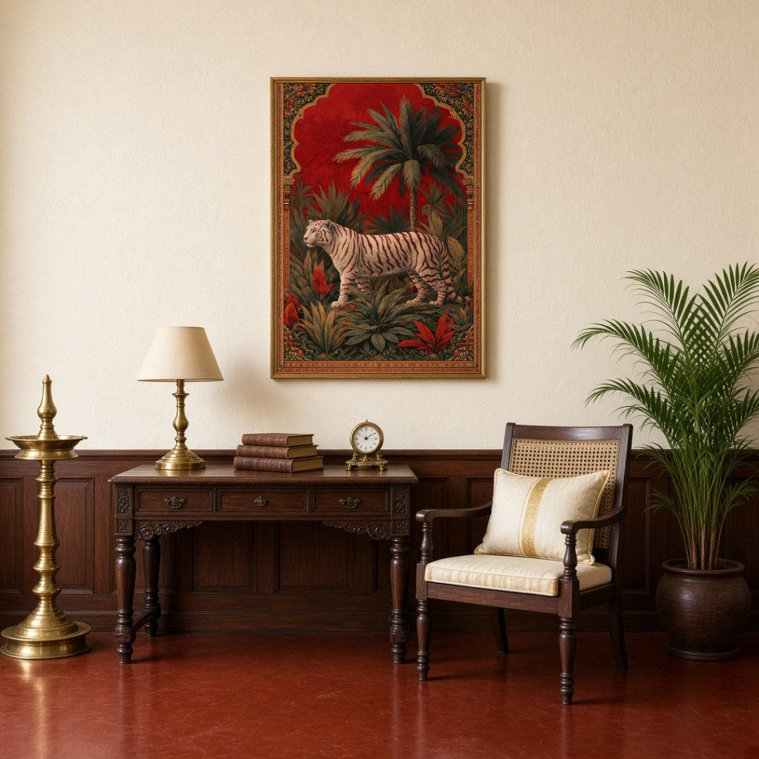 This captivating artwork features a magnificent white tiger poised majestically amidst lush jungle for Study