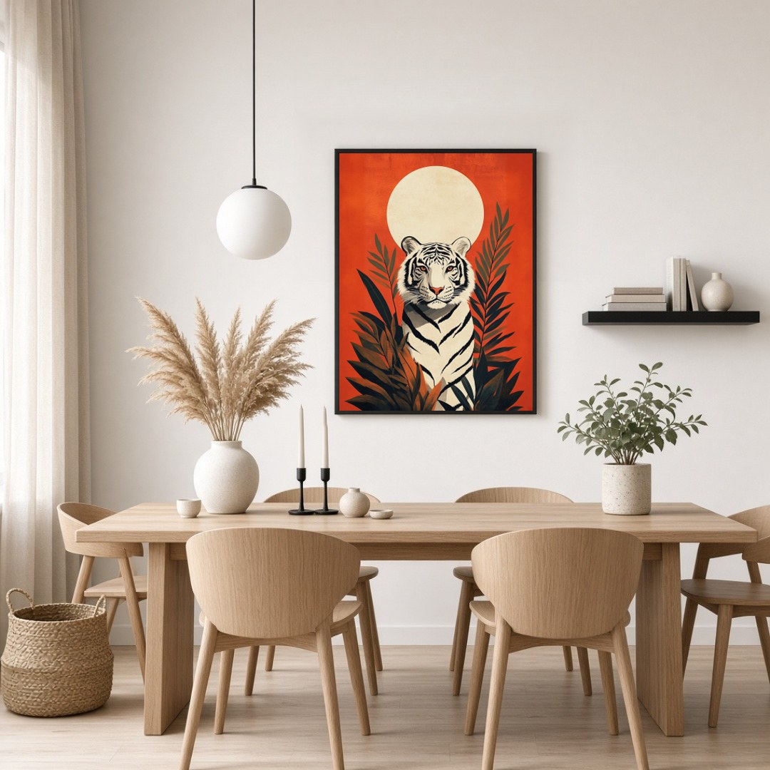 Immerse yourself in the striking elegance of this contemporary wildlife art print, featuring a for Dining