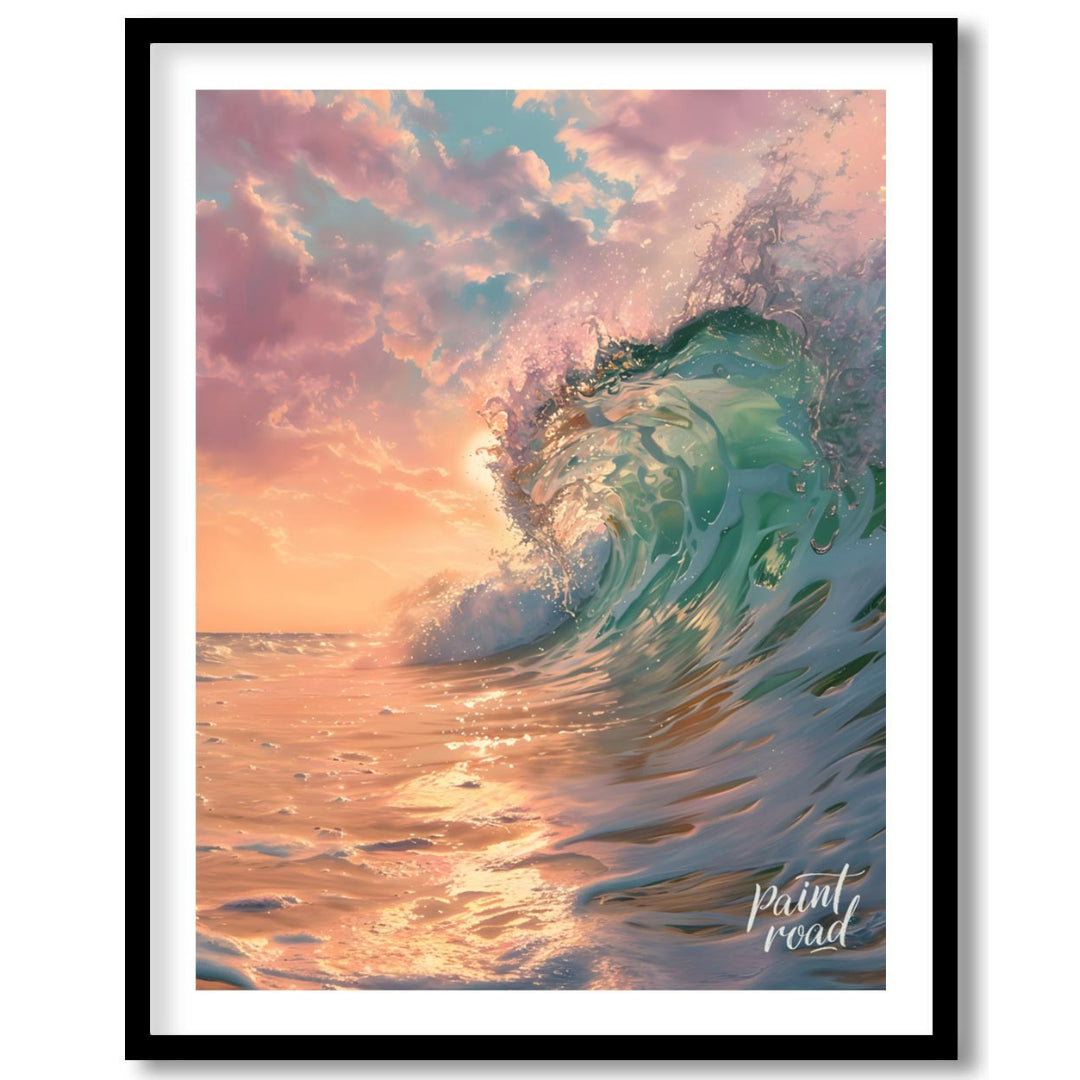 This captivating image captures a powerful wave crashing against the shore at dawn, bathed in the s… for area
