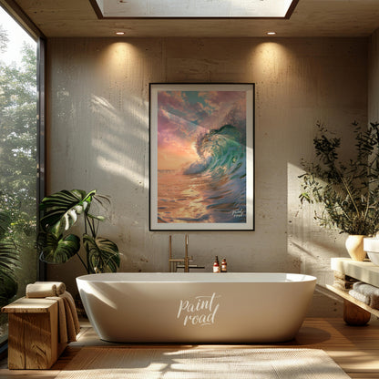 This captivating image captures a powerful wave crashing against the shore at dawn, bathed in the s… for bathroom