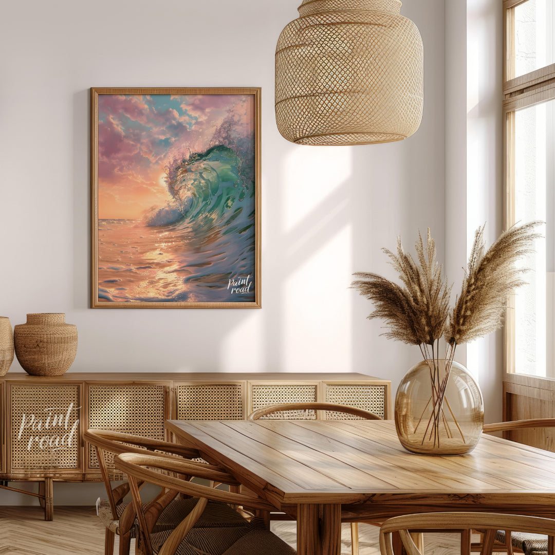 This captivating image captures a powerful wave crashing against the shore at dawn, bathed in the s… for dining room