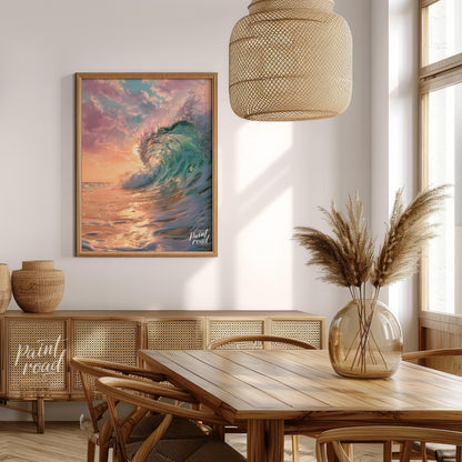 This captivating image captures a powerful wave crashing against the shore at dawn, bathed in the s… for dining room