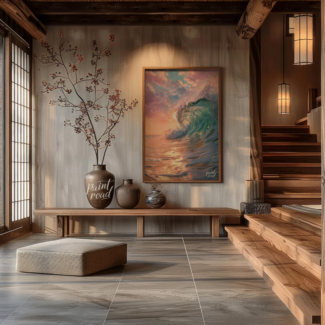 This captivating image captures a powerful wave crashing against the shore at dawn, bathed in the s… for entryway