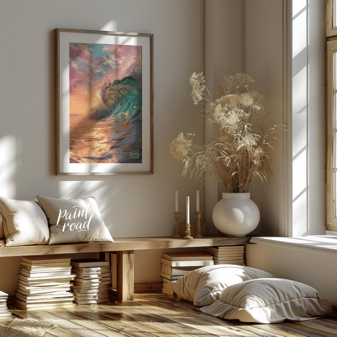 This captivating image captures a powerful wave crashing against the shore at dawn, bathed in the s… for living room