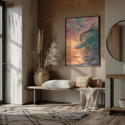 This captivating image captures a powerful wave crashing against the shore at dawn, bathed in the s… for living room