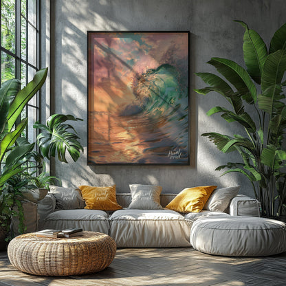 This captivating image captures a powerful wave crashing against the shore at dawn, bathed in the s… for living room