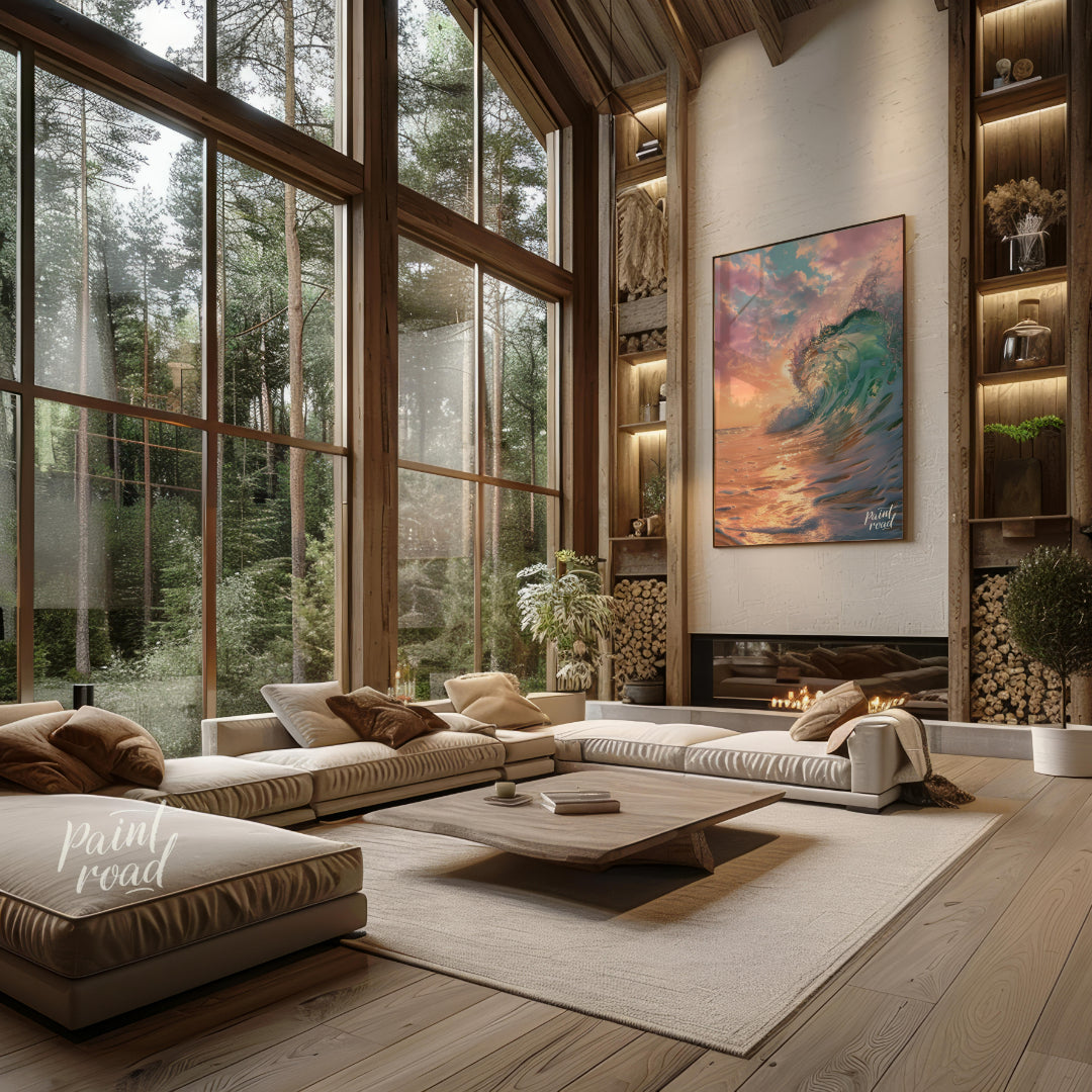 This captivating image captures a powerful wave crashing against the shore at dawn, bathed in the s… for living room