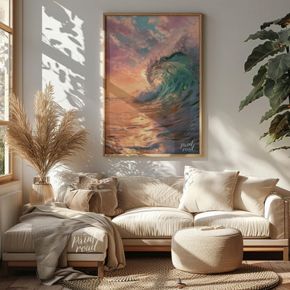 This captivating image captures a powerful wave crashing against the shore at dawn, bathed in the s… for living room