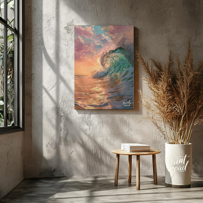 This captivating image captures a powerful wave crashing against the shore at dawn, bathed in the s… for living room