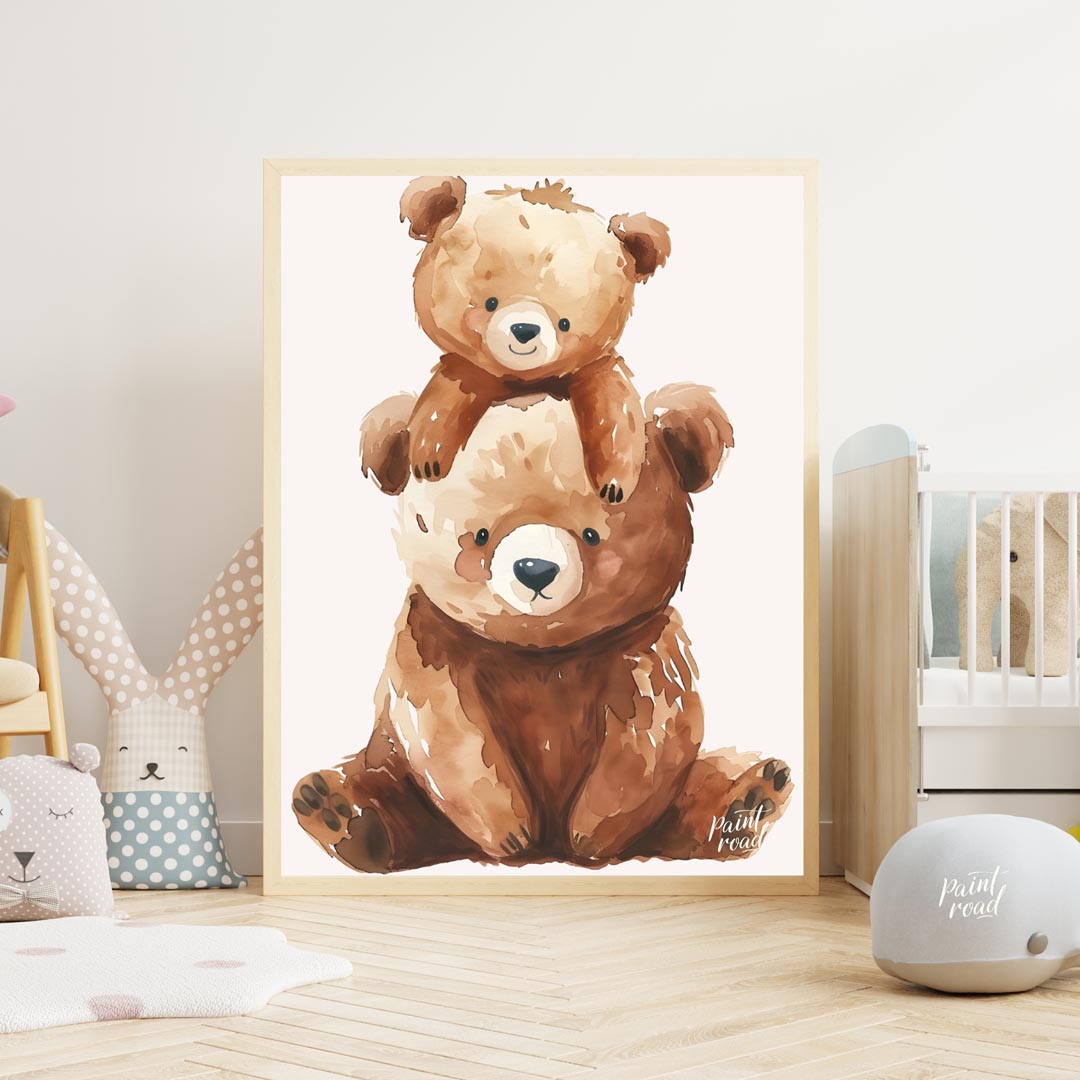 This heartwarming watercolor illustration features two adorable brown bears, a larger one serving a… for nursery