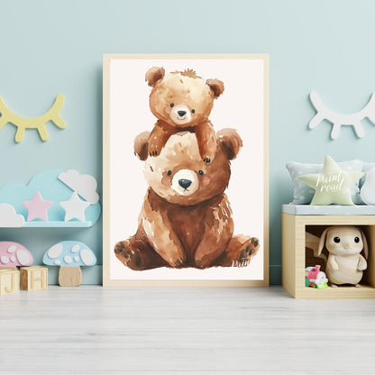 This heartwarming watercolor illustration features two adorable brown bears, a larger one serving a… for nursery