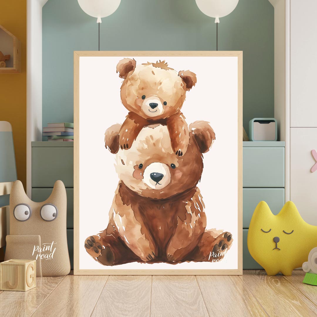 This heartwarming watercolor illustration features two adorable brown bears, a larger one serving a… for nursery