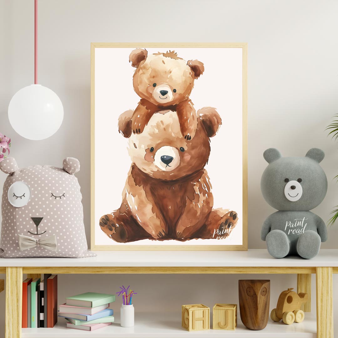 This heartwarming watercolor illustration features two adorable brown bears, a larger one serving a… for nursery