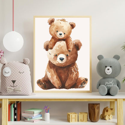This heartwarming watercolor illustration features two adorable brown bears, a larger one serving a… for nursery