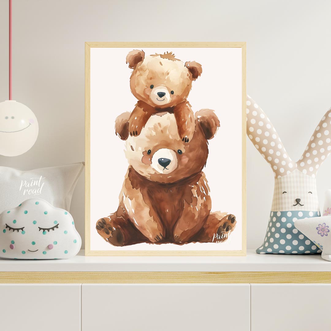 This heartwarming watercolor illustration features two adorable brown bears, a larger one serving a… for nursery