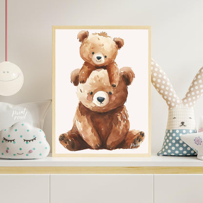 This heartwarming watercolor illustration features two adorable brown bears, a larger one serving a… for nursery