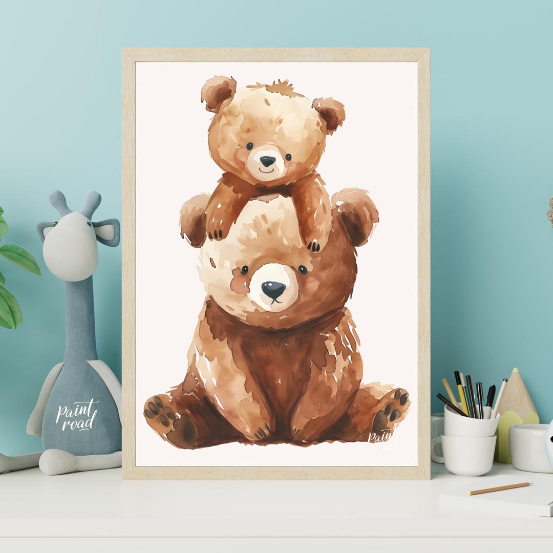 This heartwarming watercolor illustration features two adorable brown bears, a larger one serving a… for nursery